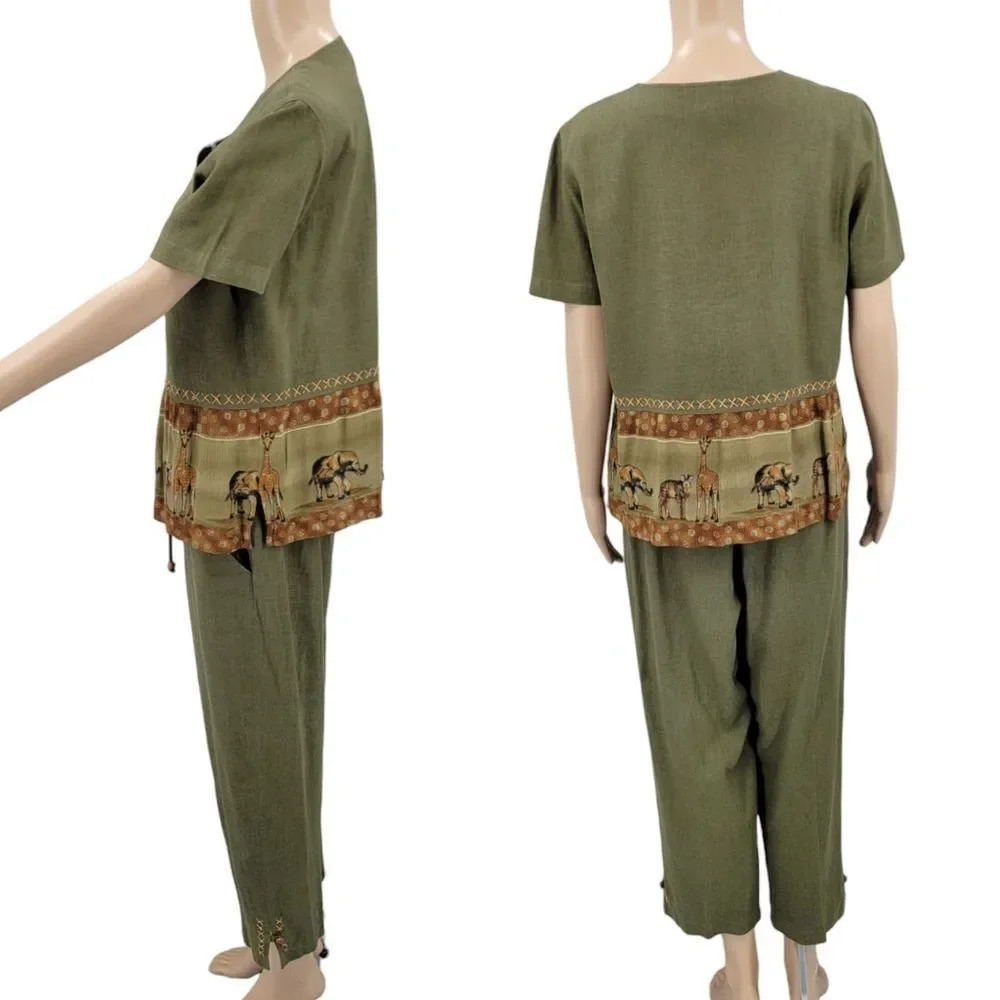 Stonebridge Vintage Green Linen Animal Print Safari Matching Set Blouse Trousers